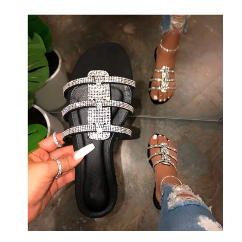 Летние женские шлепанцы; Zapatos De Mujer; модные пляжные шлепанцы со стразами; обувь на плоской подошве; женские шлепанцы; большие размеры; блестящие вьетнамки - Цвет: Черный
