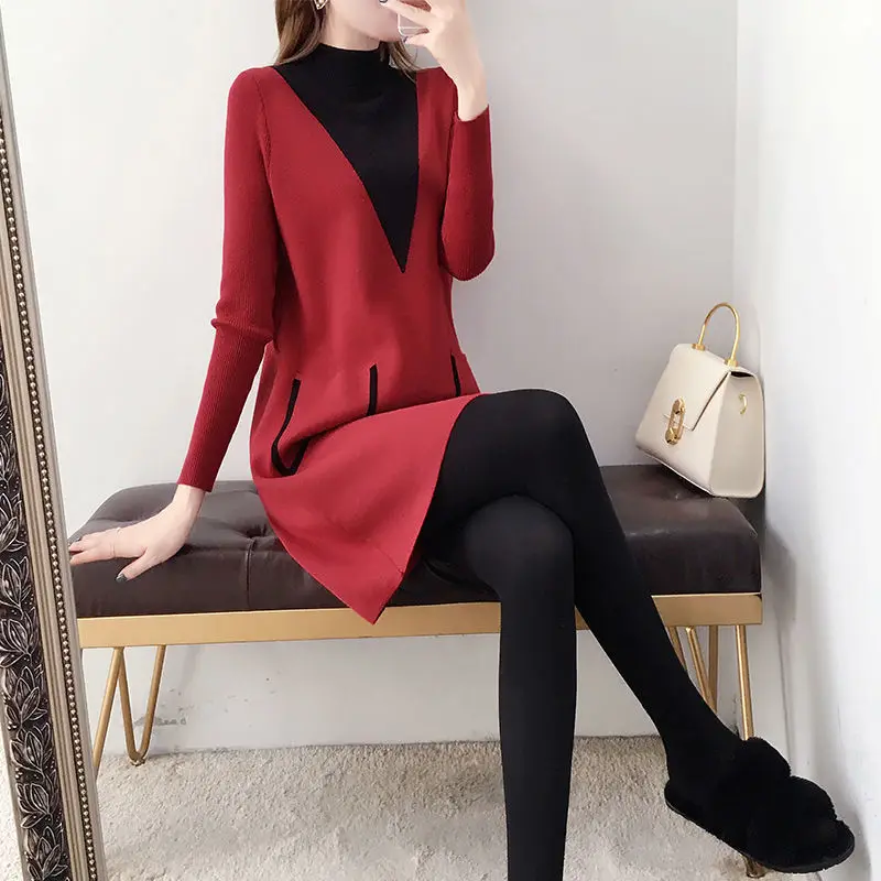 

Red knit dress 2021 fall/winter women's fashion temperament, waist slimming, cover belly mid-length sweater group