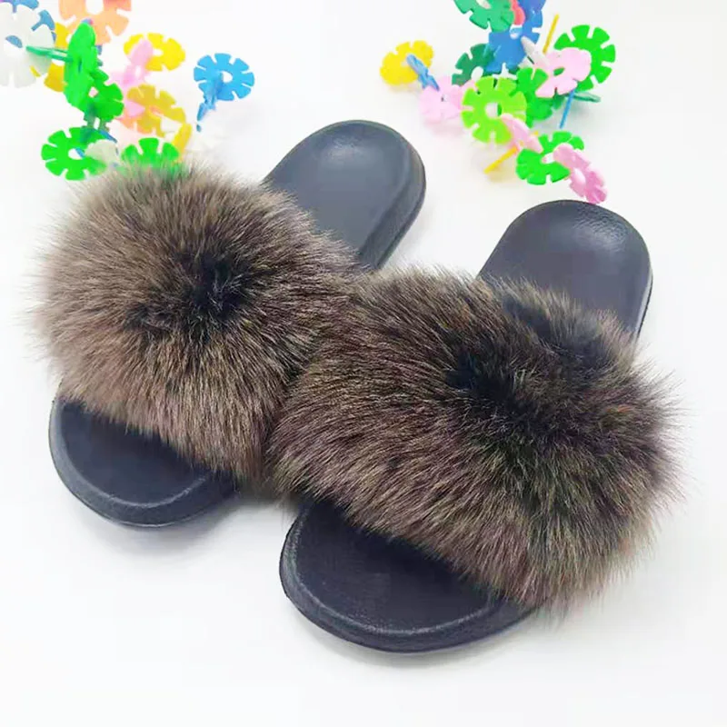 black Khaki ; Шлепанцы из натурального Лисьего меха; женские/мужские пушистые сандалии; женские шлепанцы с мехом; женские шлепанцы из лисьего меха; большие размеры - Цвет: black Khaki