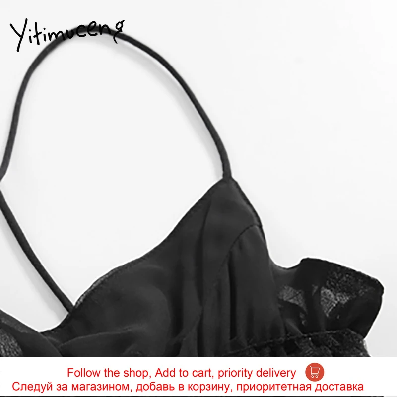 

Yitimuceng Gauze Patchwork Bow Lace Up Spaghetti Strap Dresses Women V-Neck A-Line Black 2021 Summer Korean Fashion New Dress