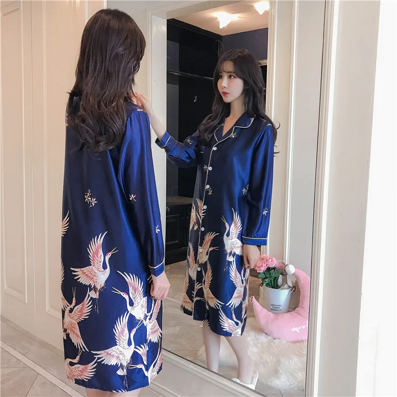 

CASUAL Women Nightgown Satin Sleepwear Print Leaves Soft Nightdress Intimate Lingerie Short Nightwear White Home Clothing