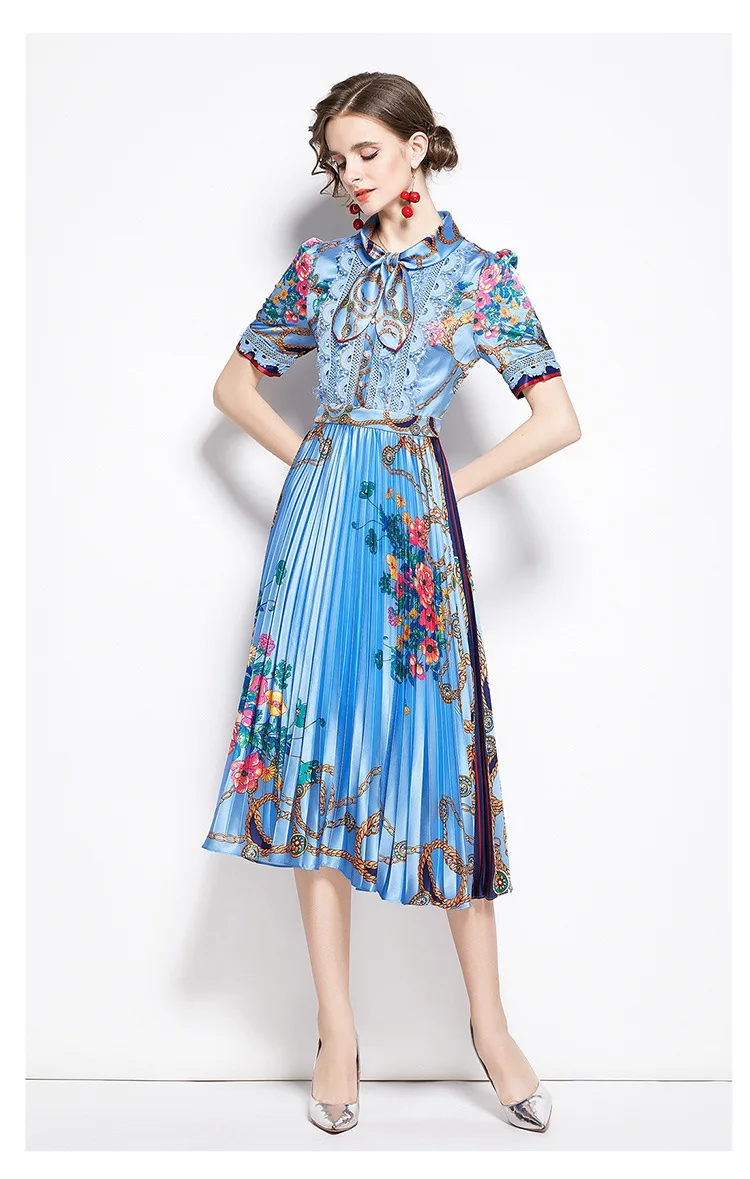

2021 European Station Summer Women's Bow Stitch Lace High-waisted Midi-length Pleated Retro Print Dress S-XXL Woman Dress