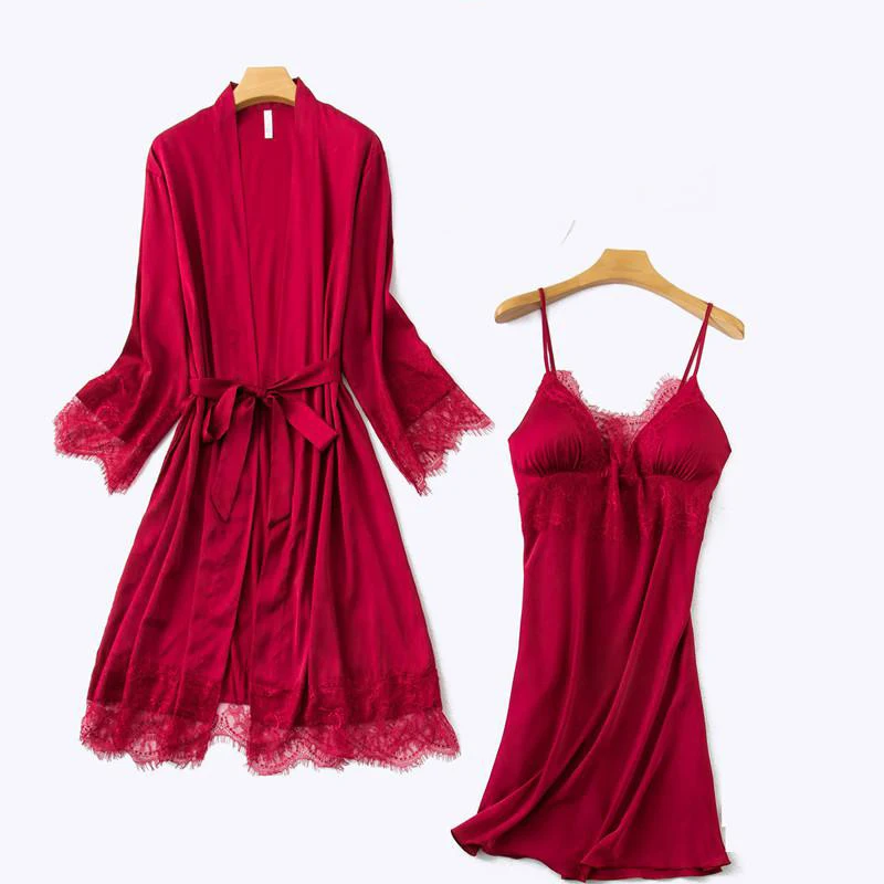 

Sexy Womens 2PCS Pajamas Set V-Neck Nighties Wear Home Negligee Nightwear Lingerie Pijama Spring Nighty Robe Gown Suit Sleepwear