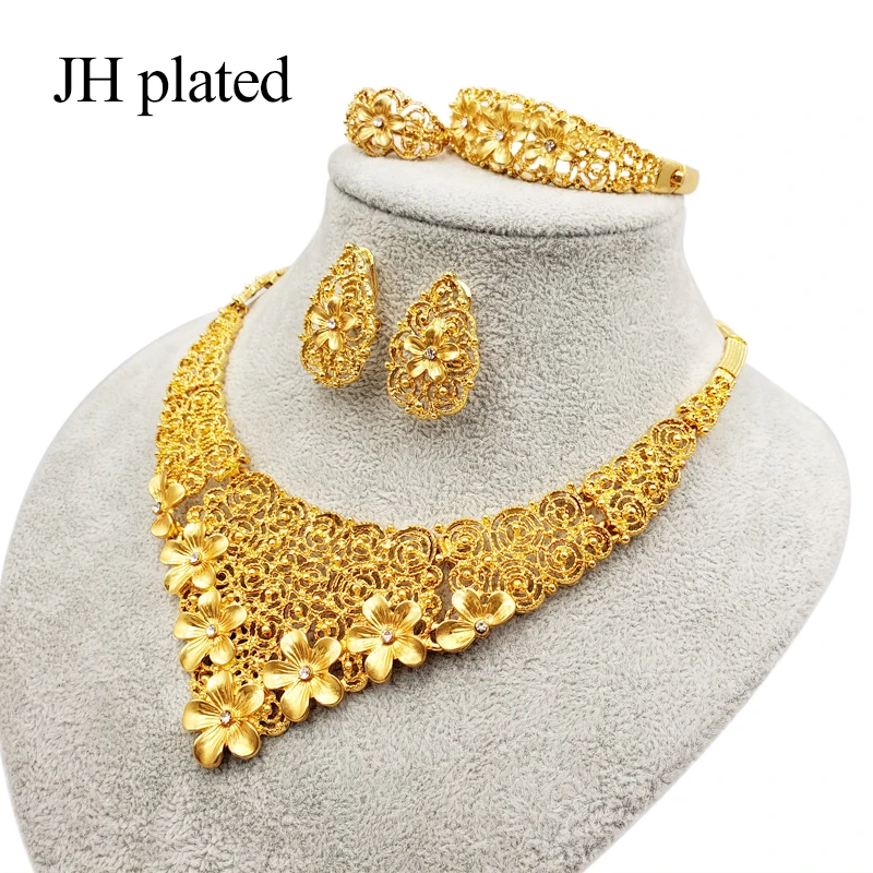 Dubai gold jewelry sets African bridal wedding gifts for women Saudi Arab Necklace Bracelet earrings ring set collares jewellery