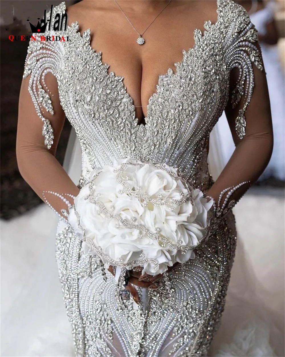 

Luxury Mermaid Wedding Dresses V-neck Long Train Tulle Beaded Sequins Crystal Women Bride Gowns Custom Size SK68