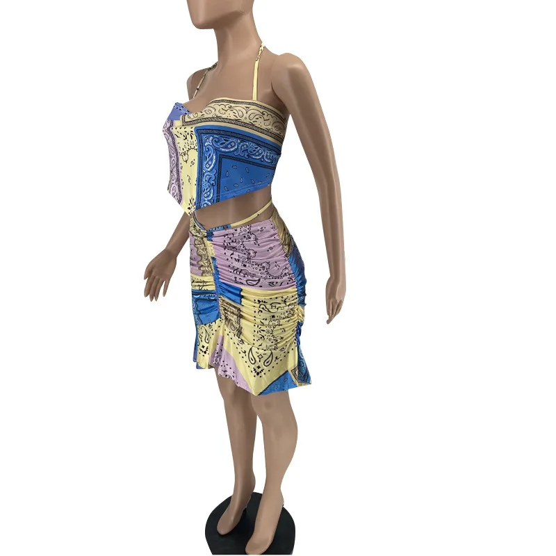 

Adogirl Paisley Bandanna Print Two Piece Set Skirt Women Summer Halter Lace Up Handkerchief Top And Ruffles Pleated Mini Skirt