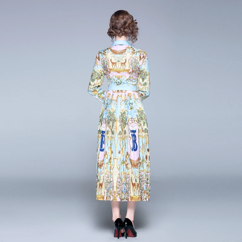 

New Elegant Vintage Women Print Slim Tunic Pleated Maxi Dress Evening Party Clothing Lady Long Sleeve Dresses