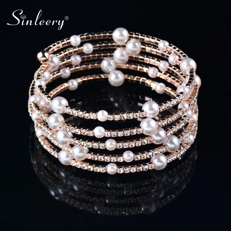 Женский многослойный браслет SINLEERY с белым жемчугом и фианитами цвета розового