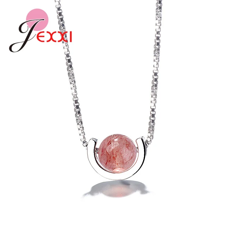 

Fashion Simple Pink Strawberry Quartz 925 Sterling Silver Choker Short Box Chains Ladies Pendant Necklace Jewelry For Women