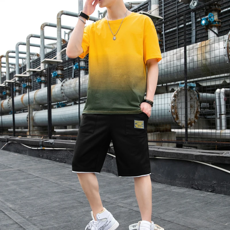 

SFABL Mens Sets Trendy Patchwork Summer Short Sleeve T-Shirt + Shorts Suit Breathable Tracksuit Men New Fashion Two Piece Sets