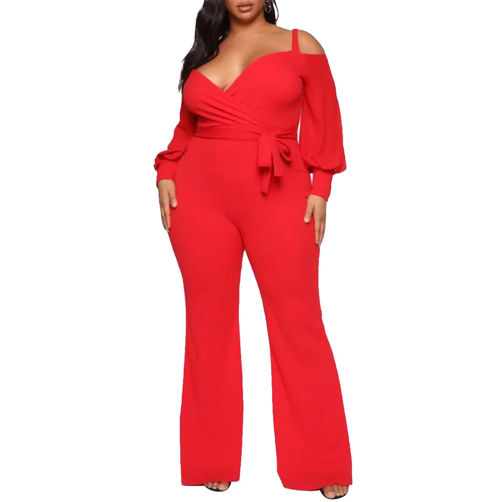 

2021 New L-5XL Ladies Sexy Suspend Jumpsuit Low Back High Waist Slim Trousers Red Bubble Sleeved Casual Wide Leg Pants Summer