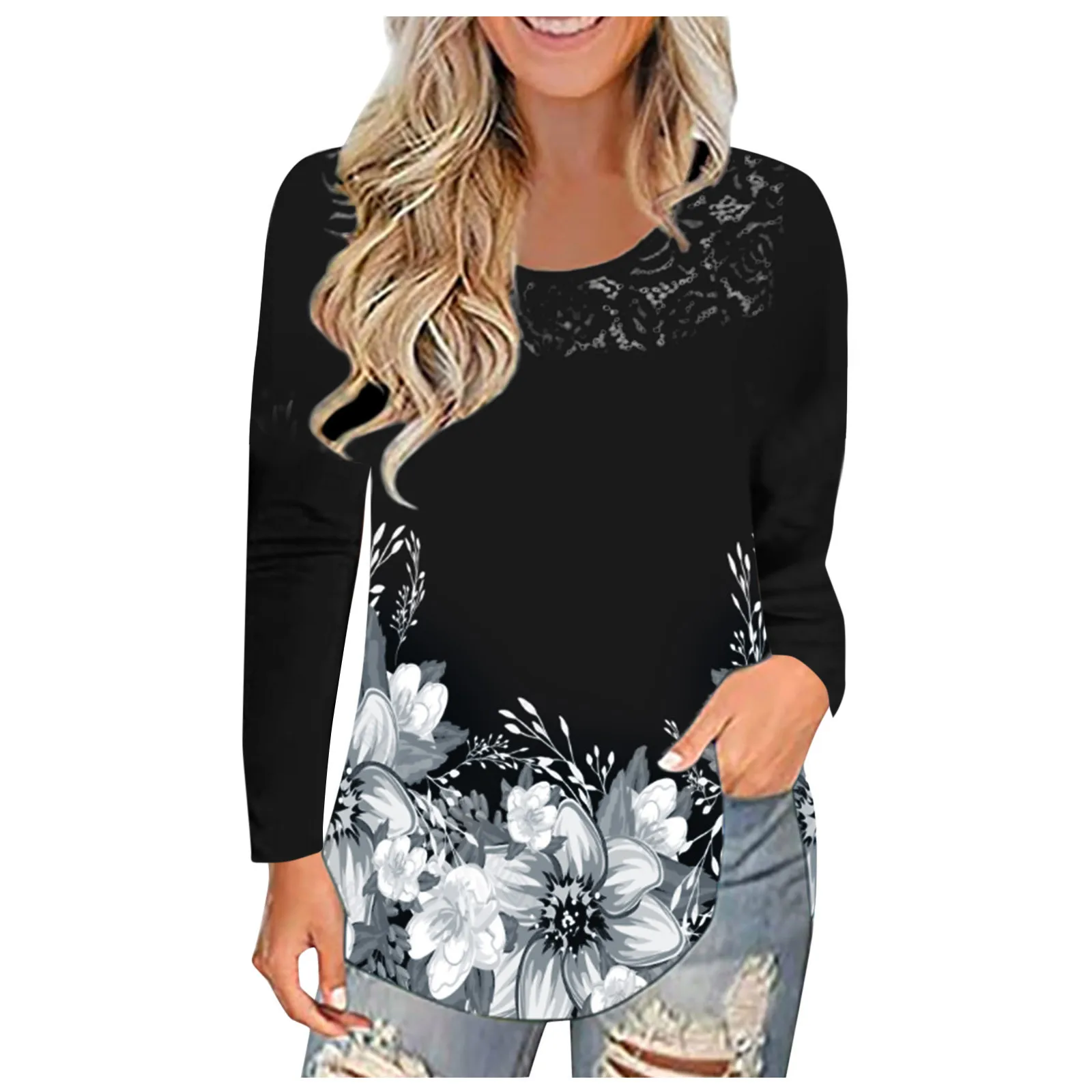 

58# Women's Flower Print Long Sleeve T-shirt Women Fashion Swearshirts & Tops Casual Round Neck Loose Oversized Pullover Tee