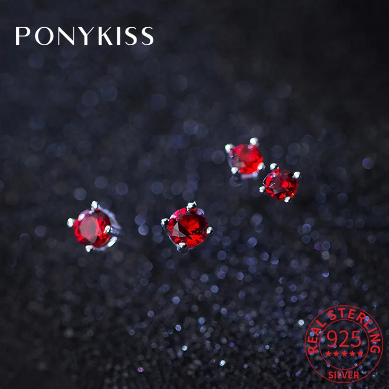 

Серьги-гвоздики PONYKISS женские из серебра 925 пробы, изящные вечерние ювелирные украшения с геометрическим рисунком, круглые, с красным циркон...