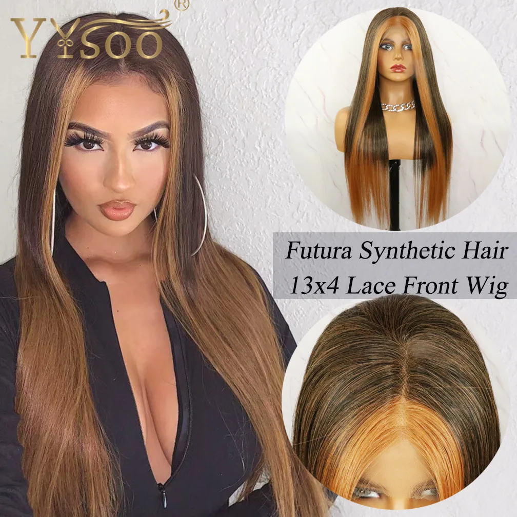 YYsoo13x4 Long Silky Straight Blonde Baylayage Futura Synthetic Lace Front Wigs Japan Fiber Blonde Highlight Wig 4inch Deep Part