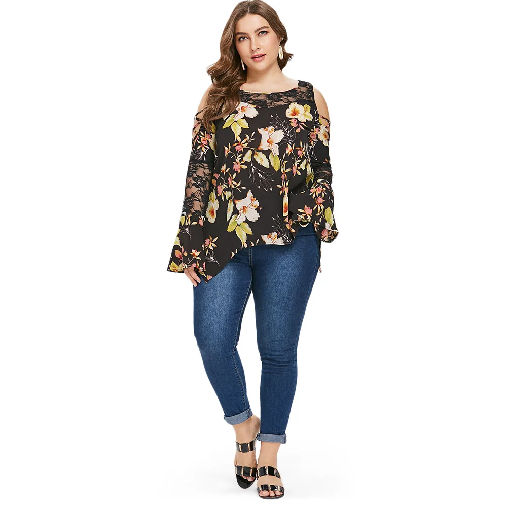 ROSEGAL Плюс Размер Женская кружевная панель цветочный принт футболка с