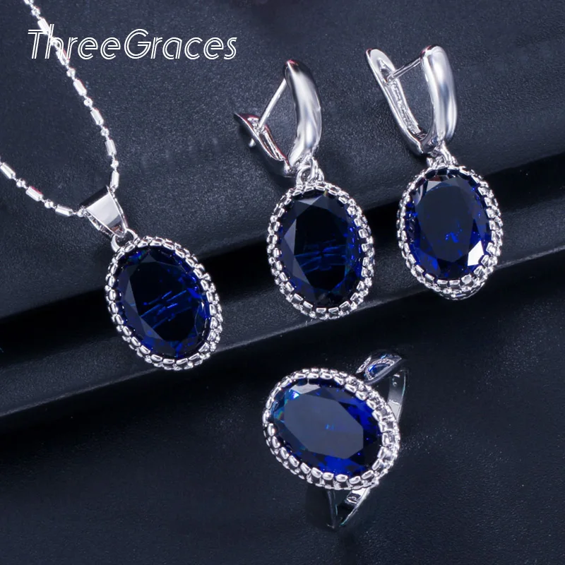 Женские овальные серьги кольца ThreeGraces и кольцо Королевского синего цвета с