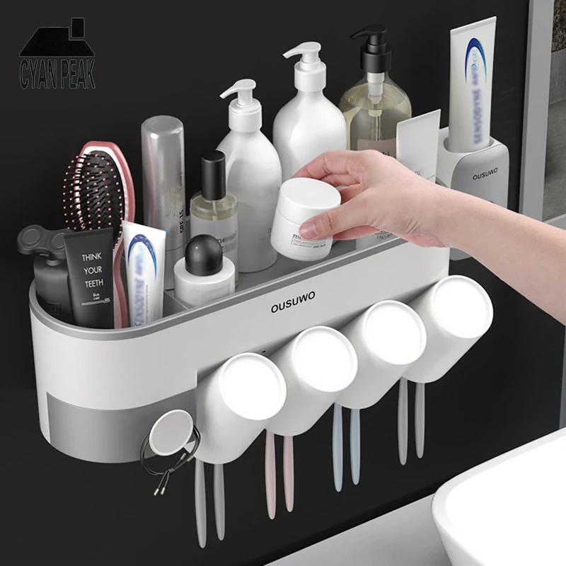 

Automatic Toothbrush Holder With Cups Toothpaste Dispenser Toothpaste Squeezer Wall Mount Storage Rack Bathroom Accessories Set