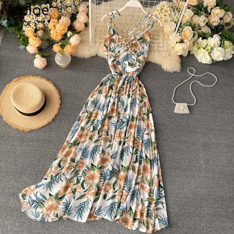 Платье Neploe 2021 с V образным вырезом и цветочным принтом летние Вечерние платья на