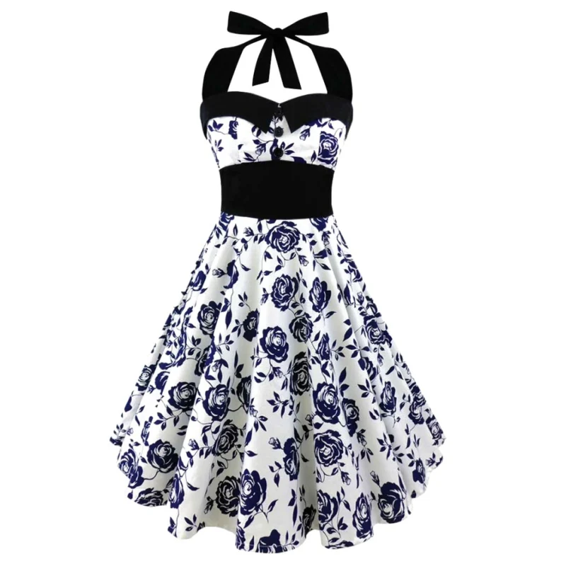 Skull Floral Print Gothic Halter Dress 2021 Summer Sleeveless Robe Femme Elegant Vintage Women Retro Rockabilly Party 5XL | Женская