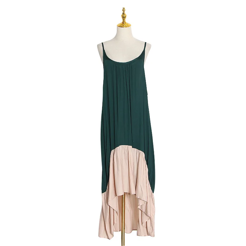 

2021 Sping Summer Spaghetti Strap Beach Maxi French Dresses Women Green Round Neck Loose Patchwork A Line Chiffon Dress Long