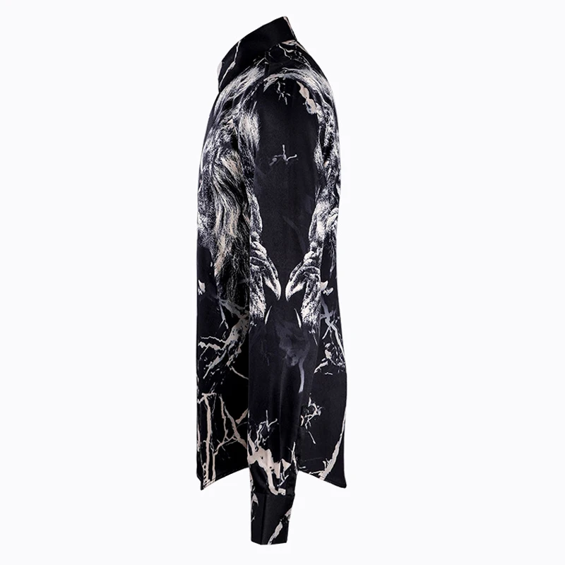 Брендовая мужская рубашка, с длинным рукавом, модная, с принтом льва, Chemise homme, черная, тонкая, деловая, мужская рубашка, футболки в повседневном стиле