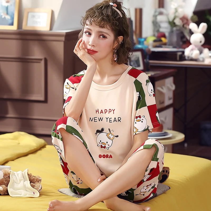 

Summer pajamas woman casual cotton pajamas short sleeve cropped pants cute PJ home clothes 2 pcs set girl fashion pijama cartoon