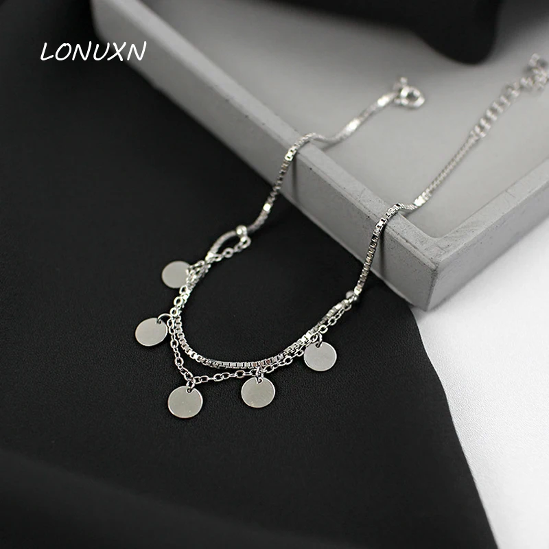 

19+4cm 925 Sterling Silver Tassel Handmade Foot Accessories High Quality Geometric Double Layer Circular Round Anklet Cute Gift
