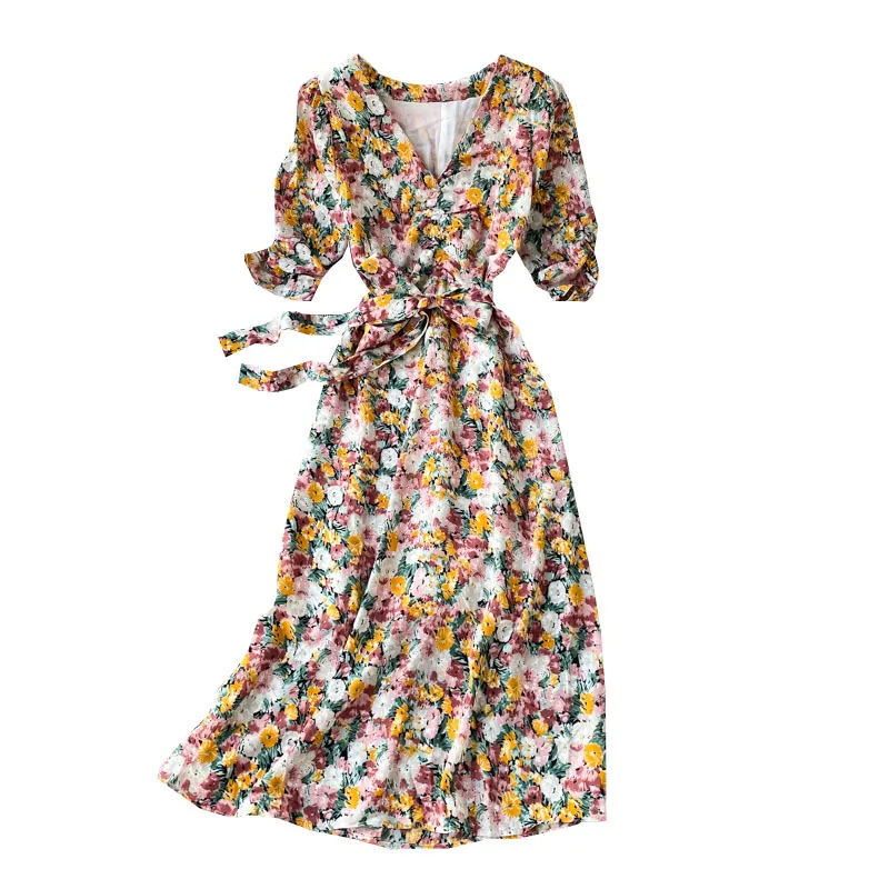 

Floral dress female 2021 summer new style V-neck retro slim long skirt