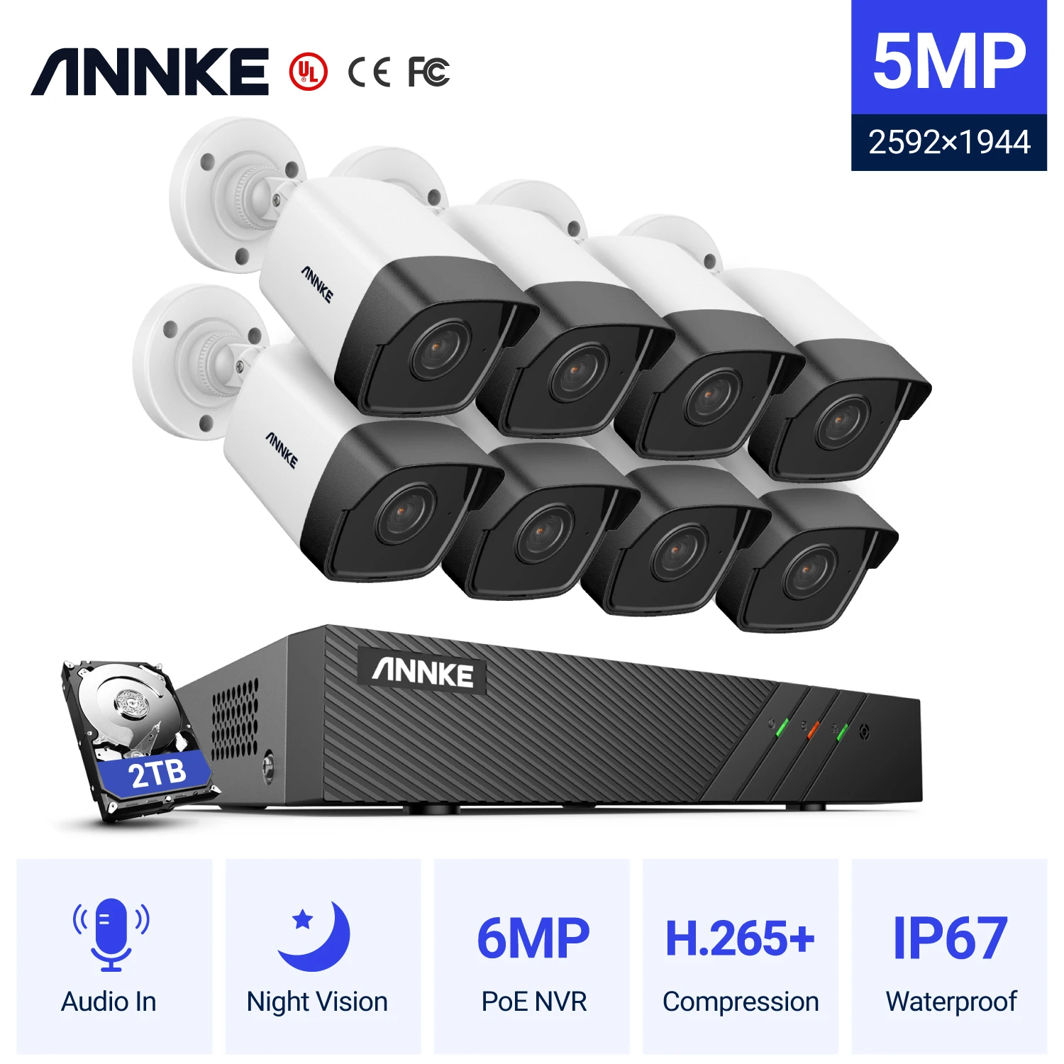 Система видеонаблюдения ANNKE 5 МП H.265 8 шт. 2 мм IP67 | Безопасность и защита