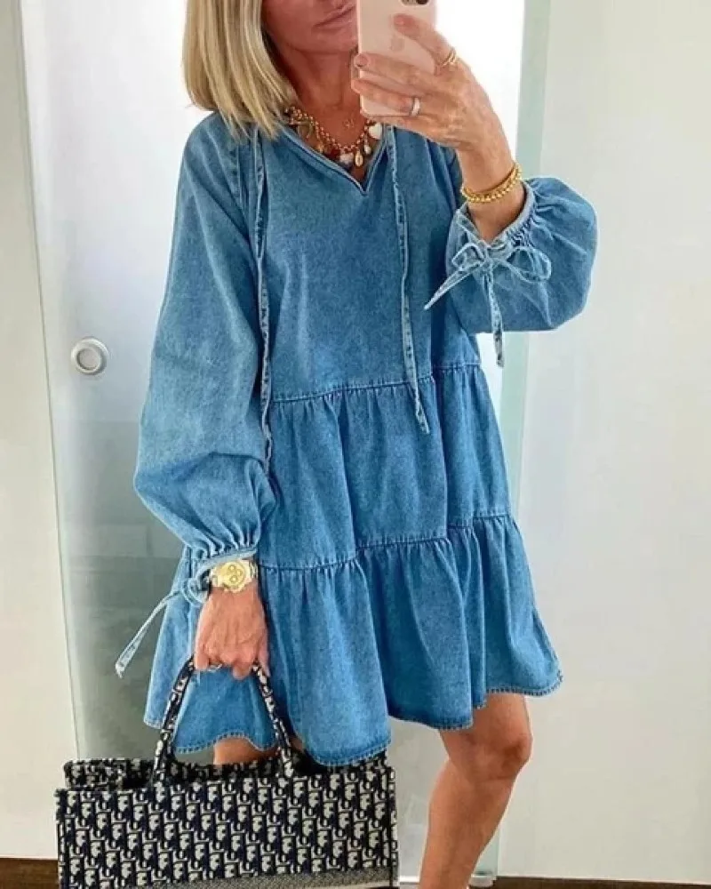 

Zoulv Summer Autumn Fashion Denim Dress 2021 Fashion Loose Long Sleeve Short Mini Dresses V-Neck Casual Lace Up Shirt Dress