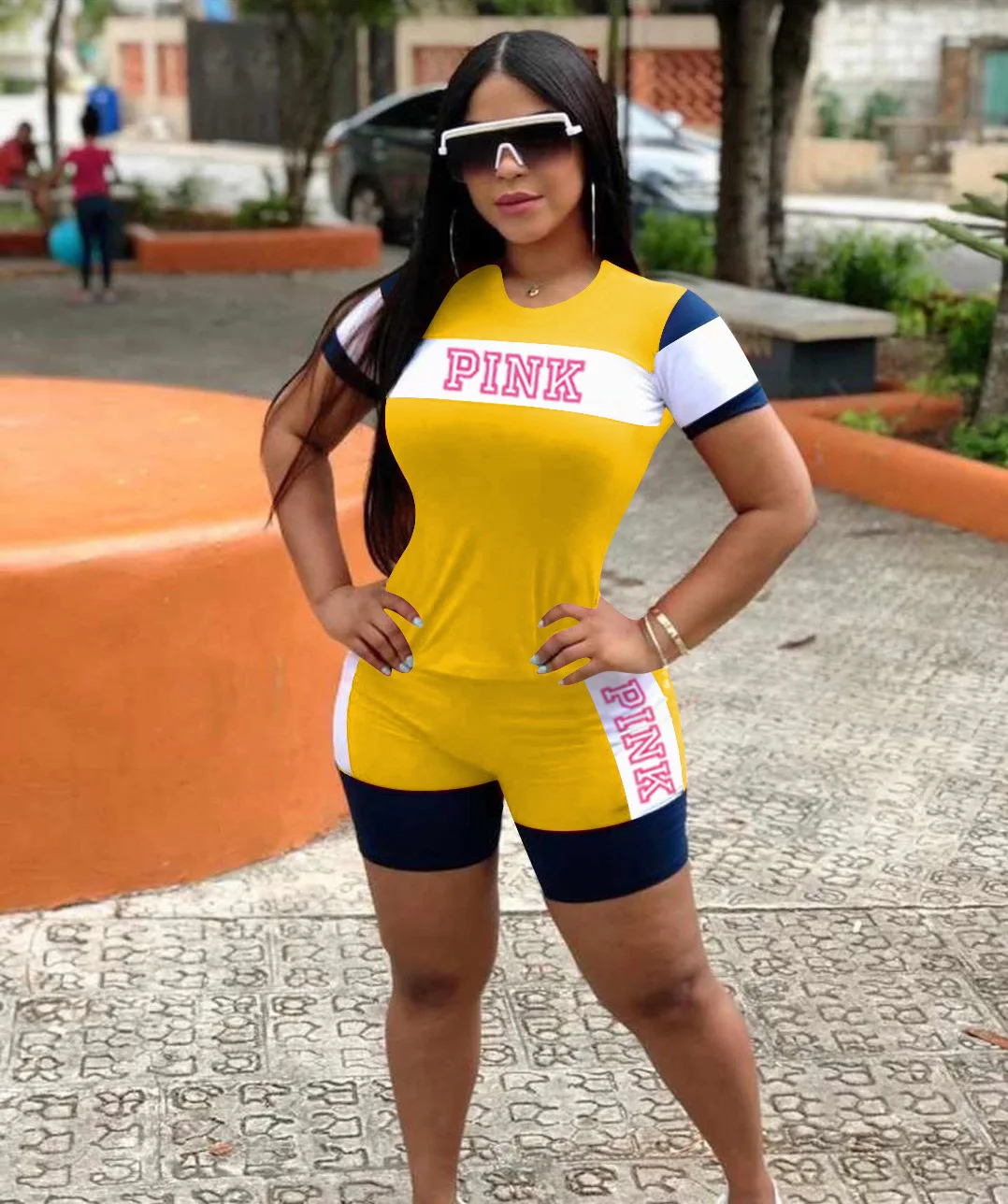 

Two Piece Set Women Fashion Colorblock Letter Print Tops Shorts Sets Summer Clothes Tracksuit For Women Biker Shorts 2 Piece Set
