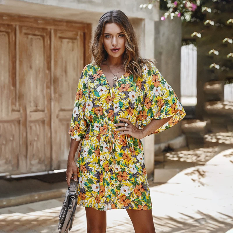 

Women Dress Summer 2021 Sexy Ladies V-neck High Waist Flower Print Mini Dresses Vestidos Half Sleeve Dress