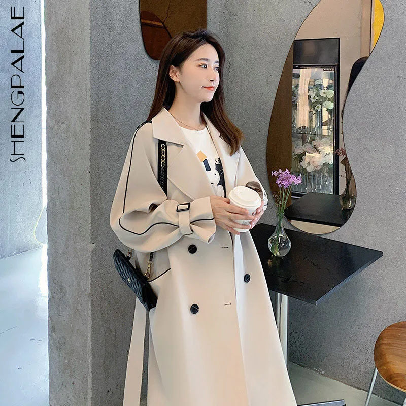 

SHENGPALAE Simple Solid Color Trench Coat Women 2021 Laple Loose Double Breasted Lace Up Waist Long Sleeve Windbreaker Female