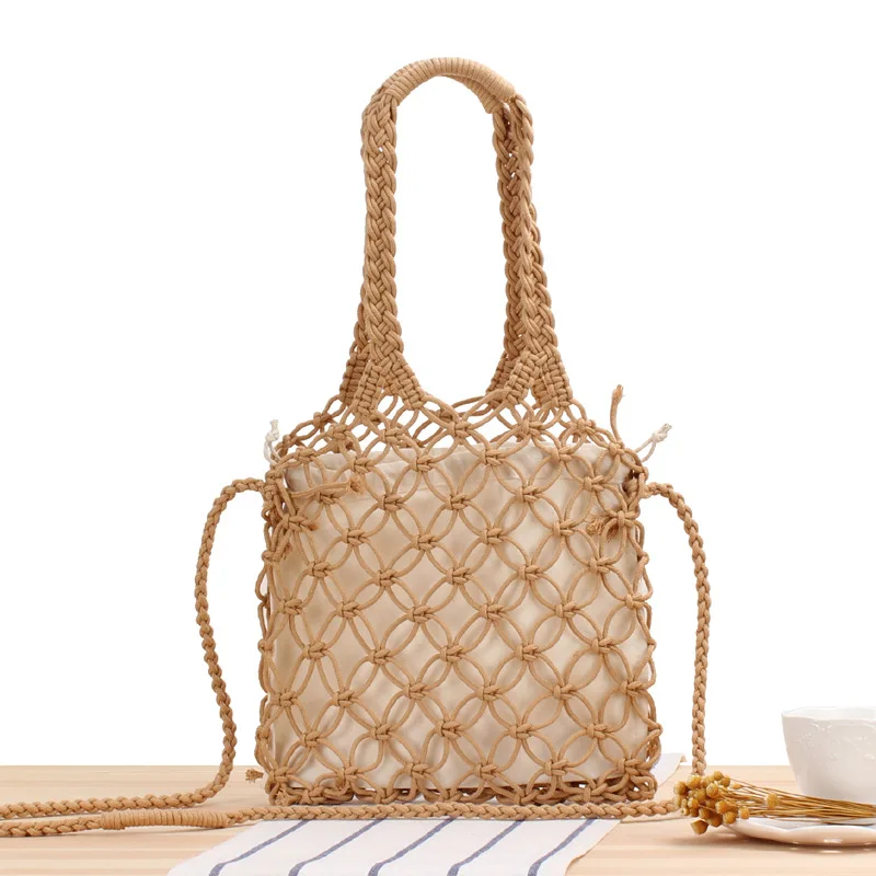 

New Pure Color Hand Carrying Crossbody Dual-Use Hollow Woven Mori Style Cotton String Net Pocket Vacation Beach Bag