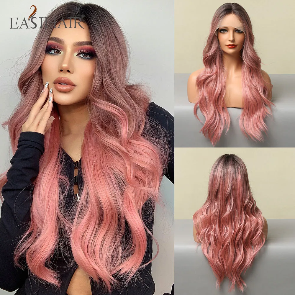 

Женский парик из синтетического кружева EASIHAIR, Длинный розовый парик из натуральных волос, термостойкий розовый парик