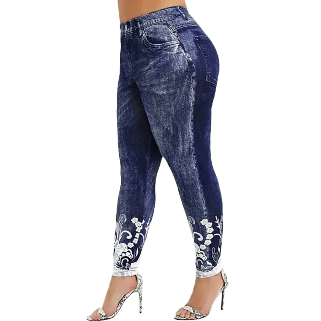 Женские леггинсы с высокой талией имитирующие джинсы принтом Yo ga эластичные - Фото №1