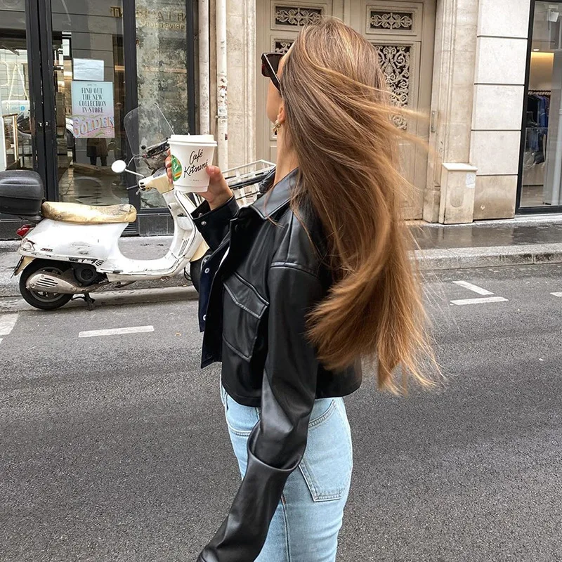 

Black Faux Leather Cropped Jacket Women Autumn Vintage Elegant Coats Ladies PU Harajuku Punk Style Thin Fashion Overcoat Winter