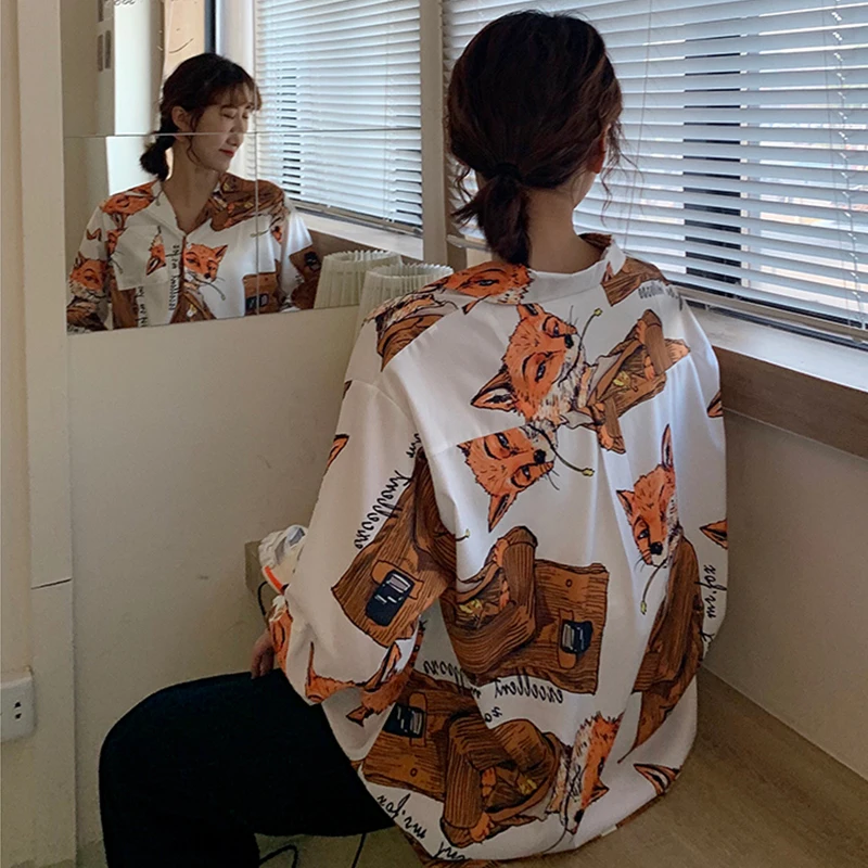 Модные рубашки с принтом лисы из мультфильма женские блузки harajuku уличная рубашка