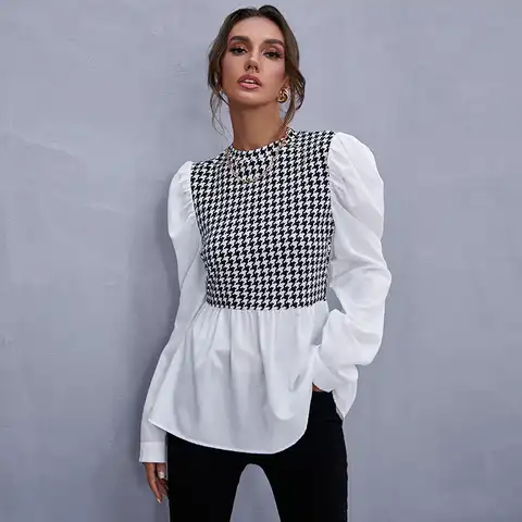 Women Shirt Spring Fashion Houndstooth Shirt Casual Stitching Tops  Female Long Sleeve Plaid Shirt Chic Office Ladies Blouses