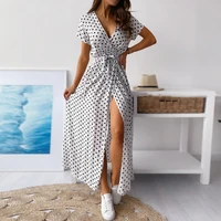 women boho dress v neck short sleeve beach maxi dress party dot printed short sleeve long dress summer sexy casual clothing 2021