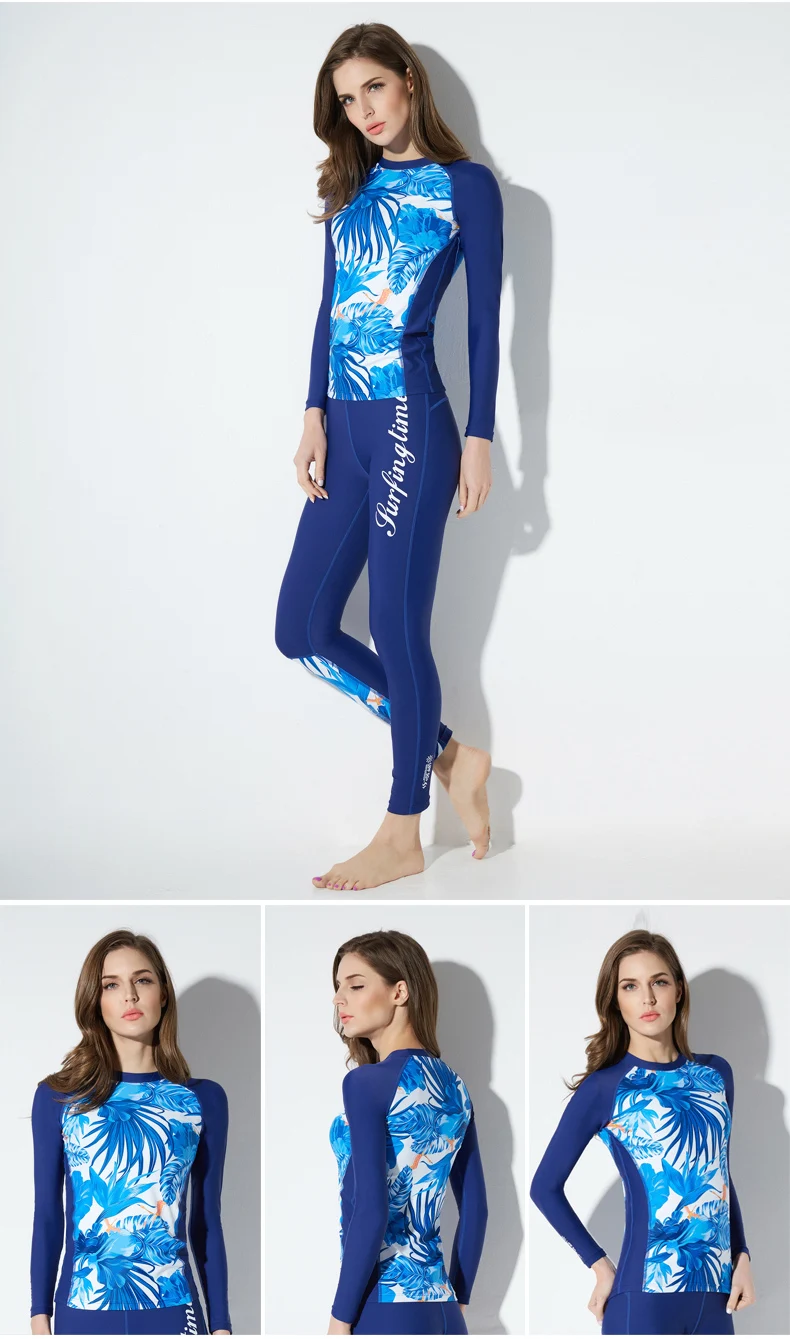Женский синий Печатный Rashguard полный купальник с длинным рукавом UPF 50+ УФ Защита купальники для плавания футболка для серфинга брюки