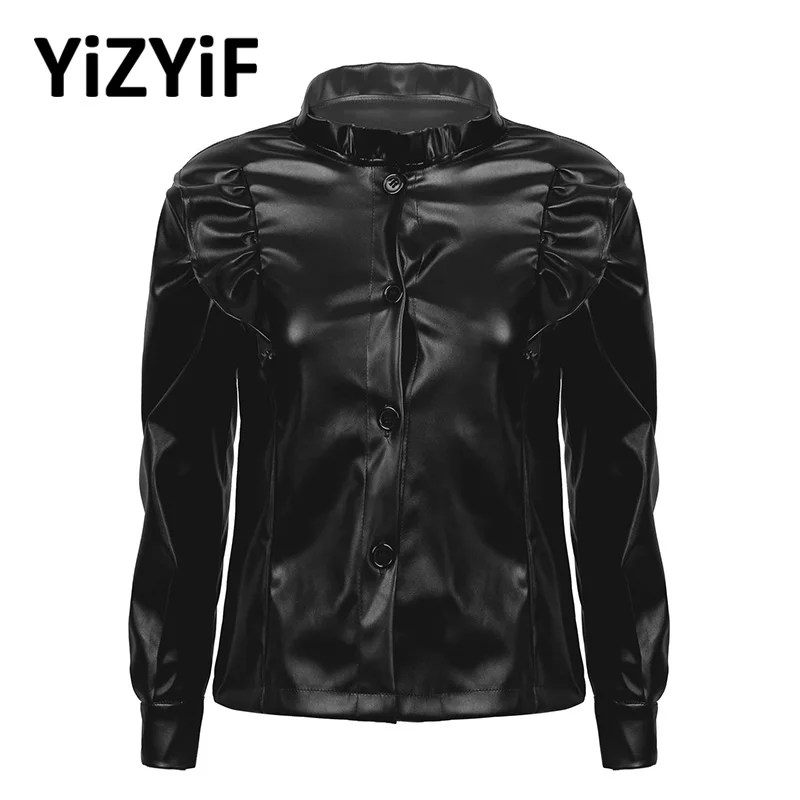

Women Stand Collar Long Sleeve Buttoned Autumn Blouse Gothic Rave Tops Clubwear Fashion Ladies Black PU Leather Ruffle Shirts