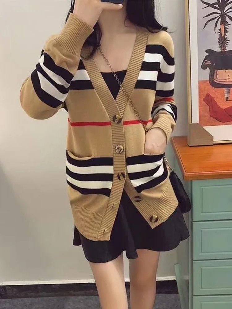 

Sweater Knitted Cardigan Women Sexy V-Neck High Street Long Sleeve Elegant Striped Button Up Casual Clothes Letters Outwear Tops