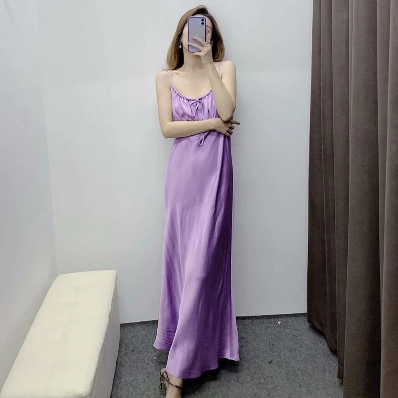 

Women Summer Pleated Bow Tie Beach Long Dress Backless Sleeveless Party Dress Vestido Mujer Sexy Spaghetti Strap Stain Dress