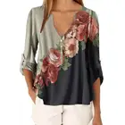 Женская винтажная блузка, Повседневная Блузка с рукавом три четверти и V-образным вырезом, цветочный принт, лето размера плюс