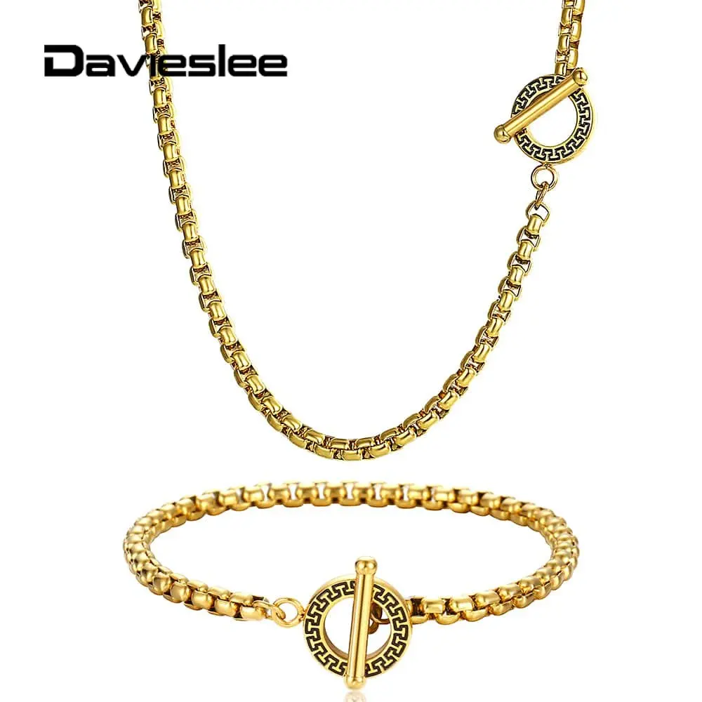 Men Women's Jewelry Set 4mm Box Link Stainless Steel Necklace Bracelet Chain Unique Patterns Toggle Clasp Wholesale DTSS09 | Украшения