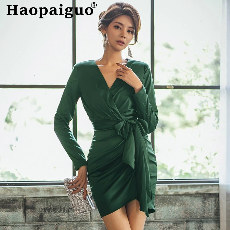 

Big Size Sheath Package Hip Draped Green Dress Women Long Sleeve Corset Mini Dress Women with Sashes Solid Casual Elegant Dress