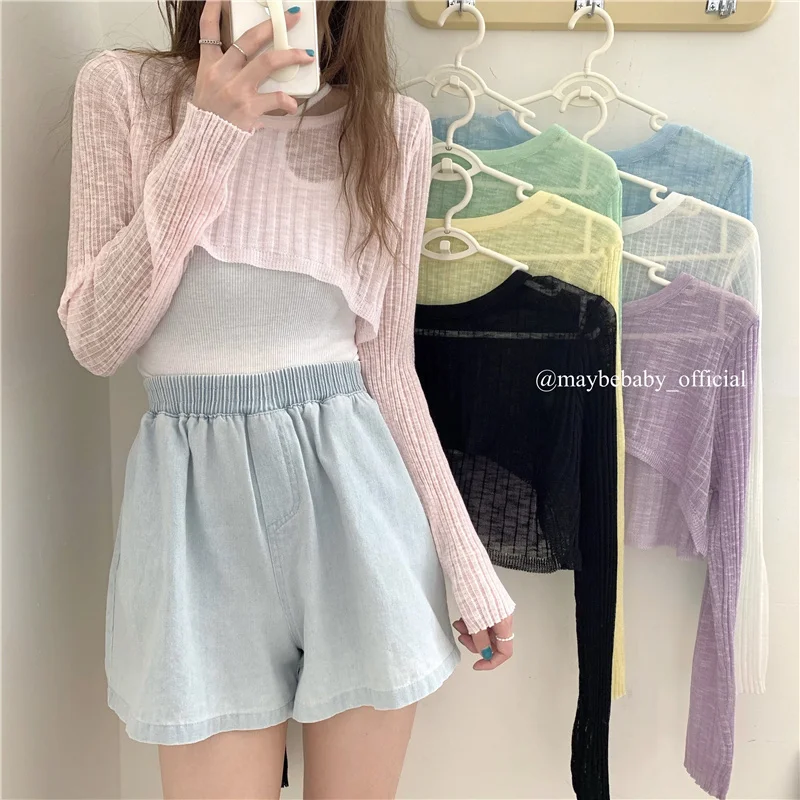 

Sunscreen Shirt Thin Long-sleeved Sweater Women's Summer New Korean Style Loose and Thin All-match Short Top