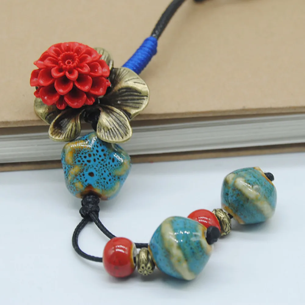 Ретро этнический стиль ручной работы Керамические цветы кулон свитер цепь