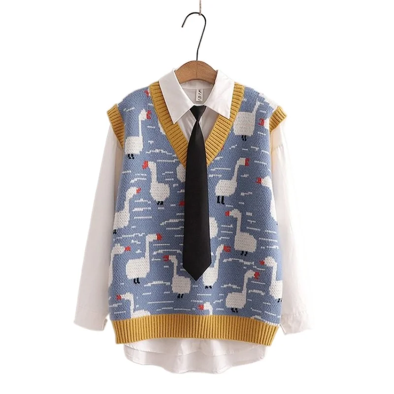 Spring Women Japan Style Childlike Cute Duckling Double-Sided Jacquard Vest Girl Knitted Sweater + White Shirt With Tie 2112927